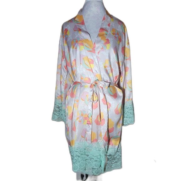 Macbeth Collection Bright Floral Green Lace Trim Kimono Robe Womens M - NWOT - Picture 2 of 9